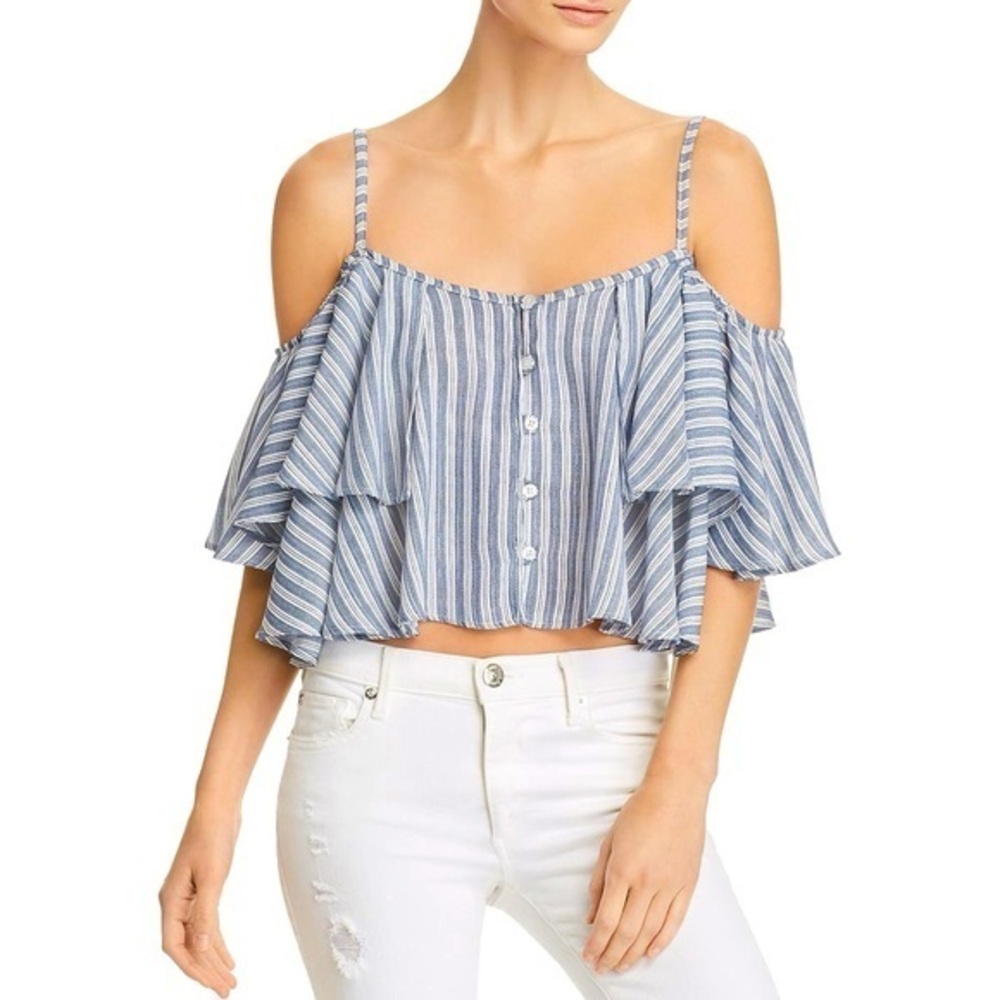 Vintage Havana Blue White Striped Off-Shoulder Ruffle Crop Top